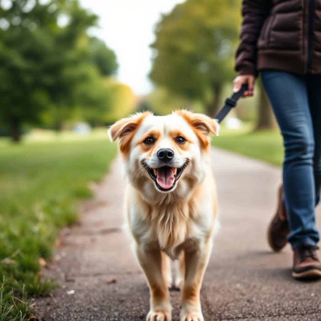 Hund an der Leine bei einem entspannten Spaziergang mit seiner Halterin