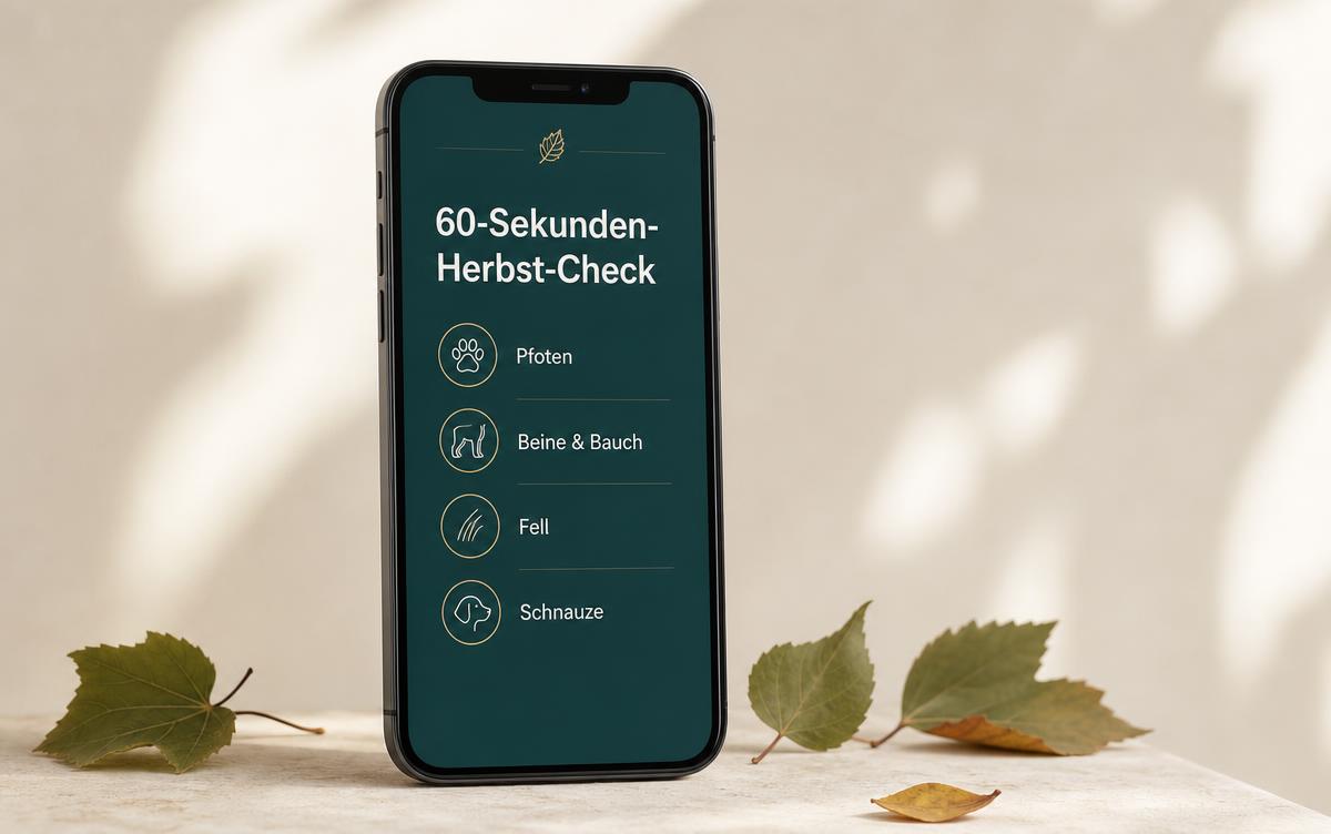 Smartphone zeigt den Aniveri 60-Sekunden-Herbst-Check mit den Punkten Pfoten, Beine und Bauch, Fell und Schnauze