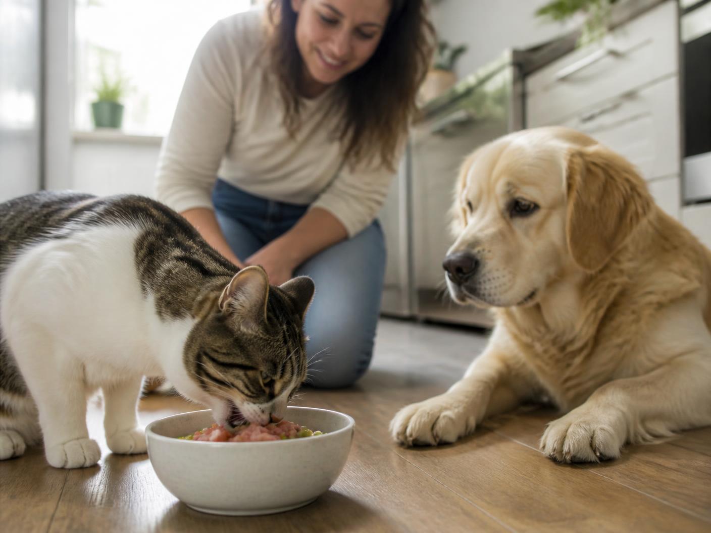 Hund und Katze nebeneinander an ihren Futternäpfen