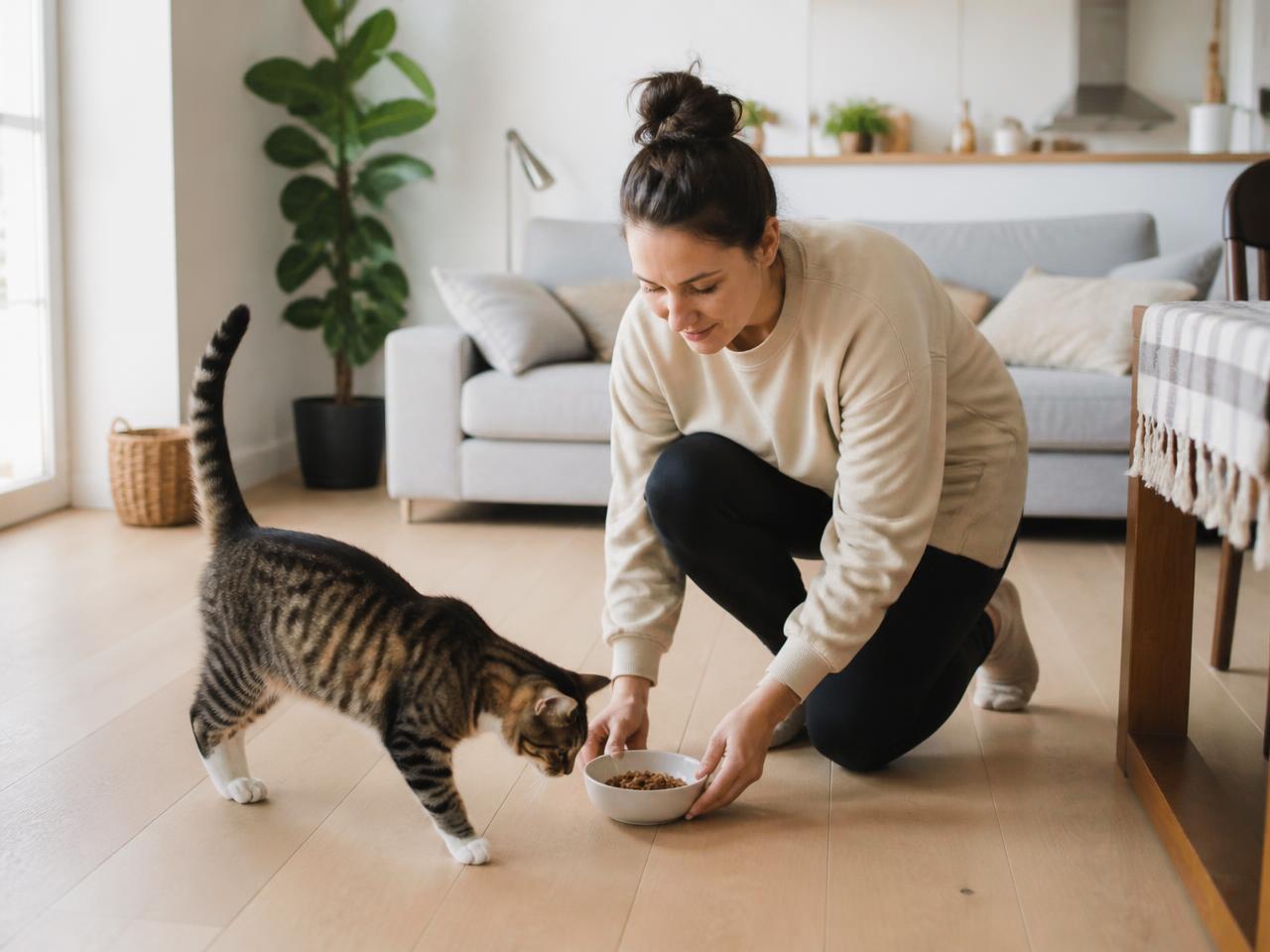 Katze und ihre Halterin am Futternapf in der Küche