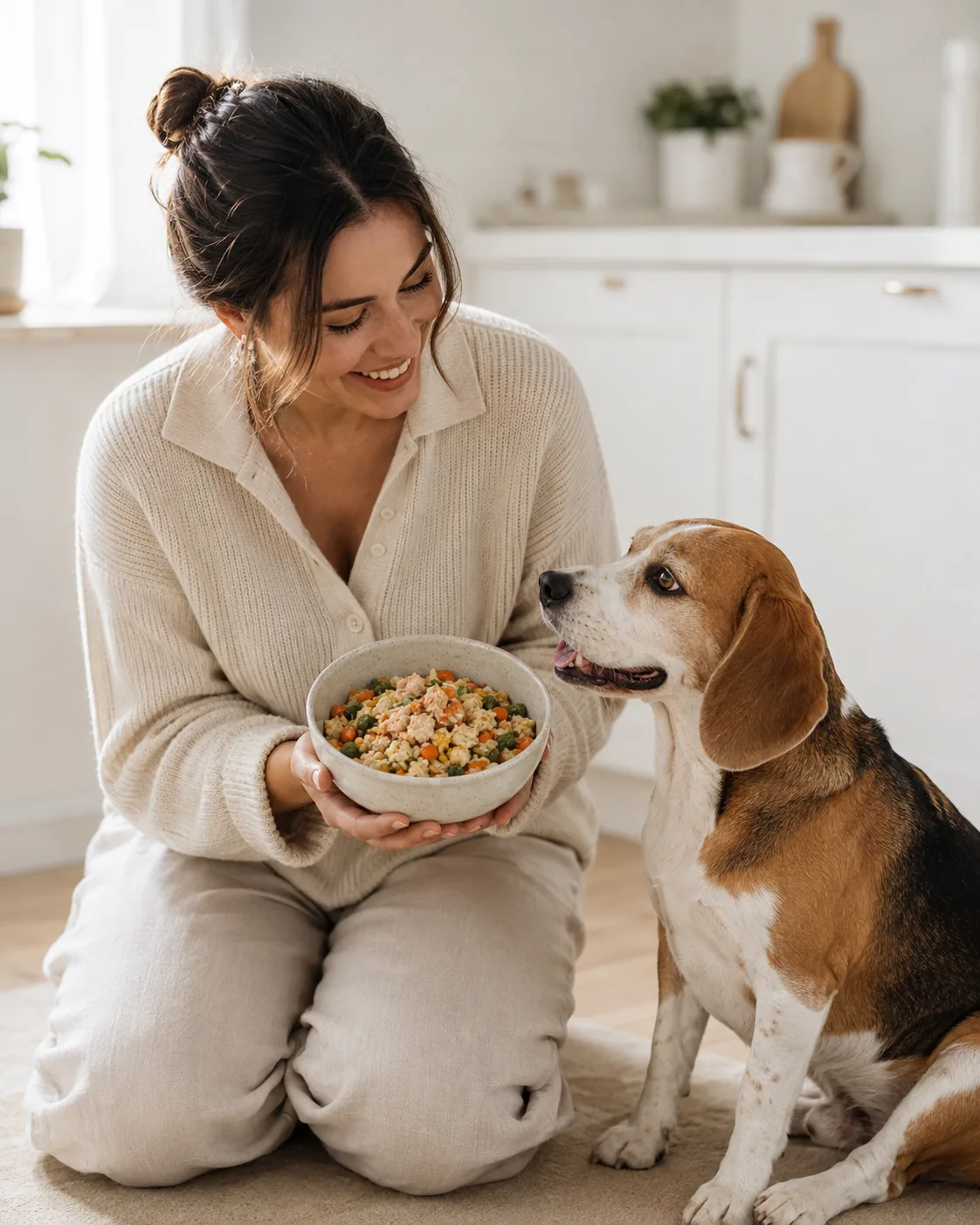 Hundehalterin bereitet frisches Futter für ihren Hund in der Küche zu