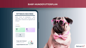 Pug mit rosa Brille und Fliege neben Smartphone mit personalisiertem BARF-Hundefutterplan