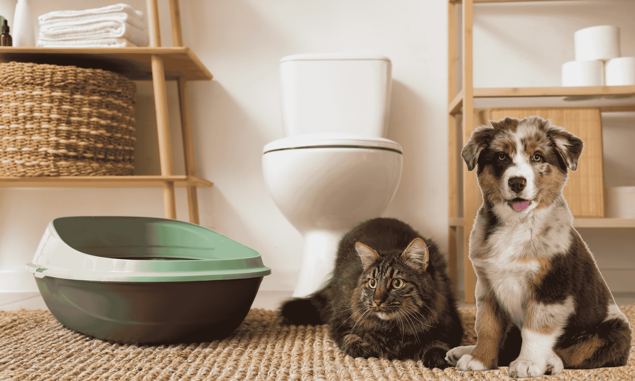 Flauschige Katze und Australian Shepherd Welpe sitzen vor Katzentoilette und WC im Badezimmer.