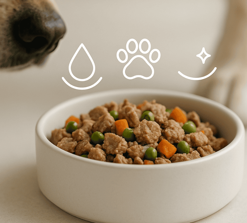 Hund schnuppert an Napf mit Nassfutter, Erbsen und Karotten; darüber Symbole für Feuchtigkeit, Pfote und Hygiene.