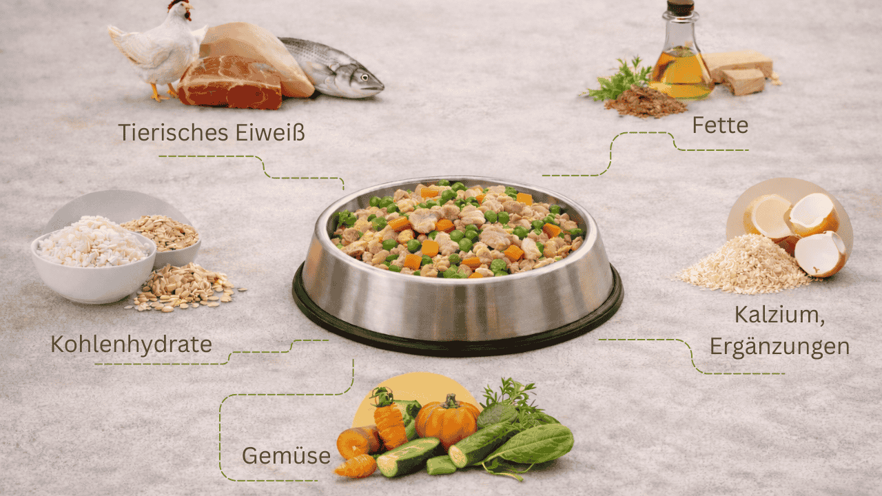 Infografik: ausgewogene Hundemahlzeit mit Eiweiß, Kohlenhydraten, Gemüse, Fetten sowie Kalzium und Ergänzungen rund um den Napf.