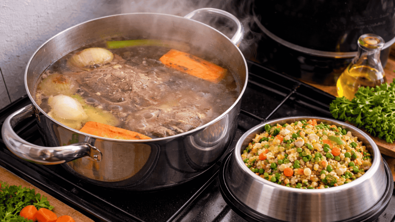 Kochender Topf mit Fleischbrühe, Karotten und Zwiebeln neben Napf mit Gemüse-Reis-Mix auf dem Herd.