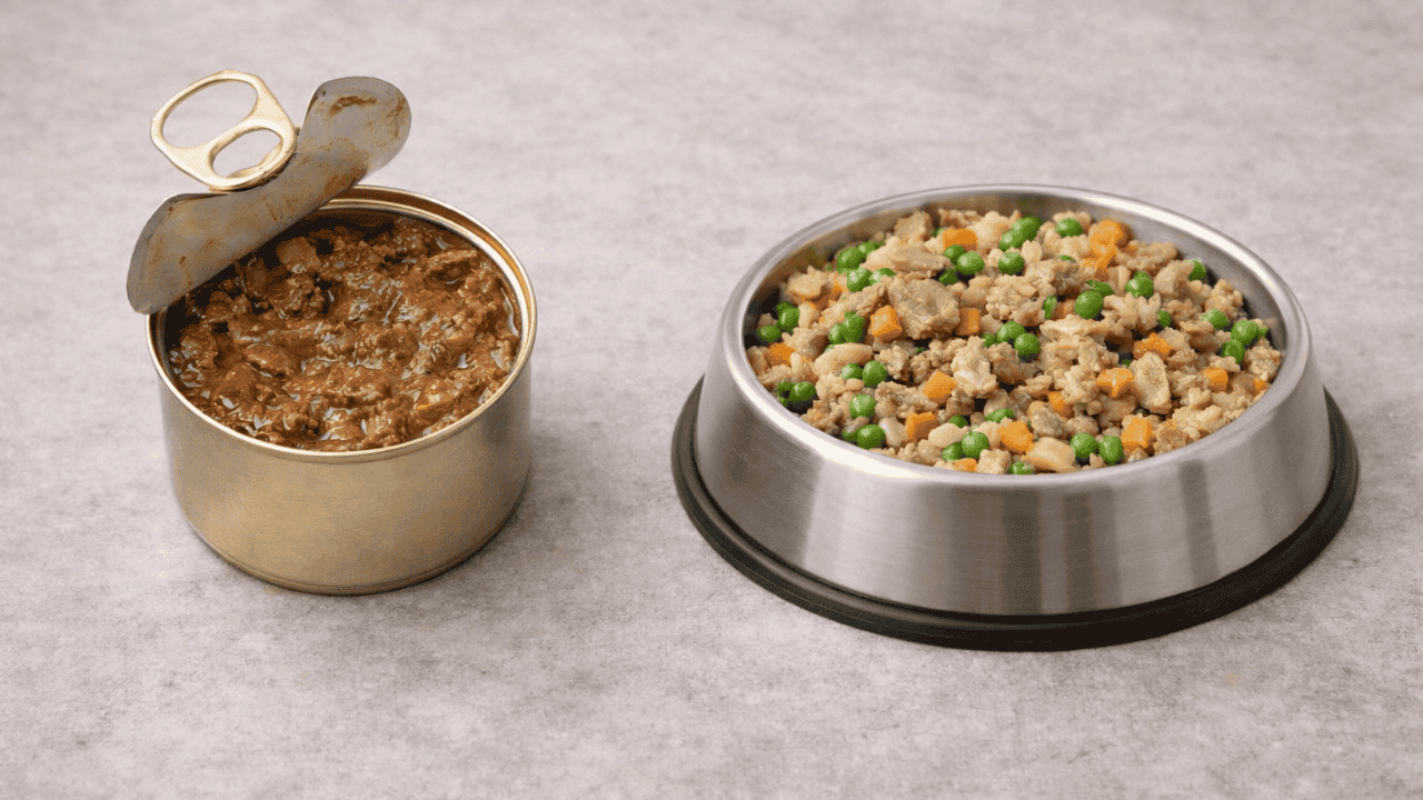 Offene Dose Nassfutter neben Napf mit frischem Hundefutter aus Fleisch, Erbsen und Karotten auf grauem Hintergrund.