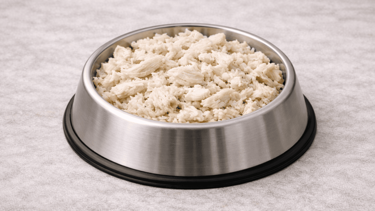 Edelstahlnapf mit Schonkost aus Reis und gekochtem Hähnchen auf hellem Untergrund.
