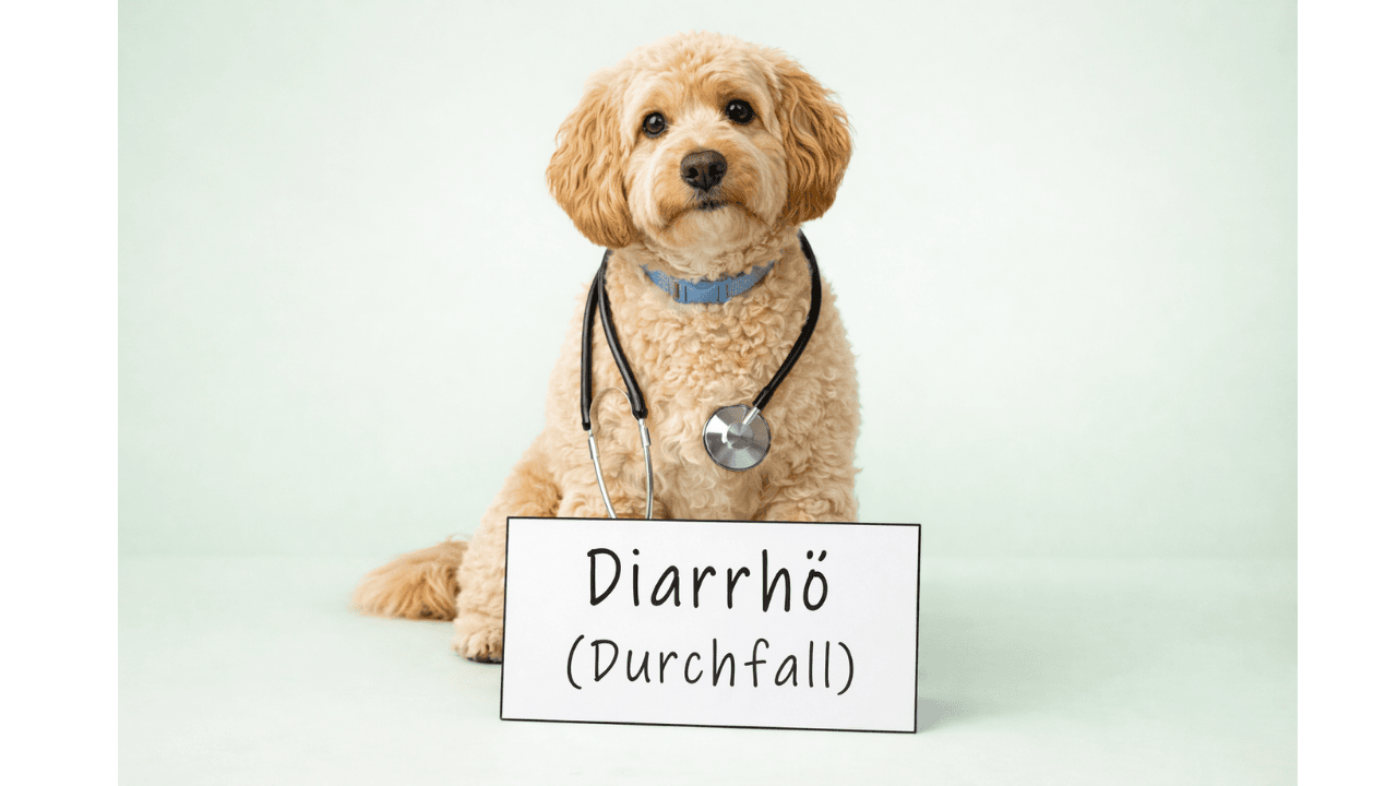 Hund mit Stethoskop sitzt vor Schild „Diarrhö (Durchfall)“ auf hellem Hintergrund.