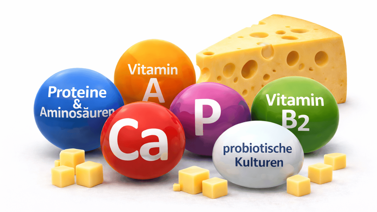 Käsestück mit bunten Kugeln und Aufschriften: Proteine & Aminosäuren, Vitamin A, Calcium, Phosphor, Vitamin B2, probiotische Kulturen.