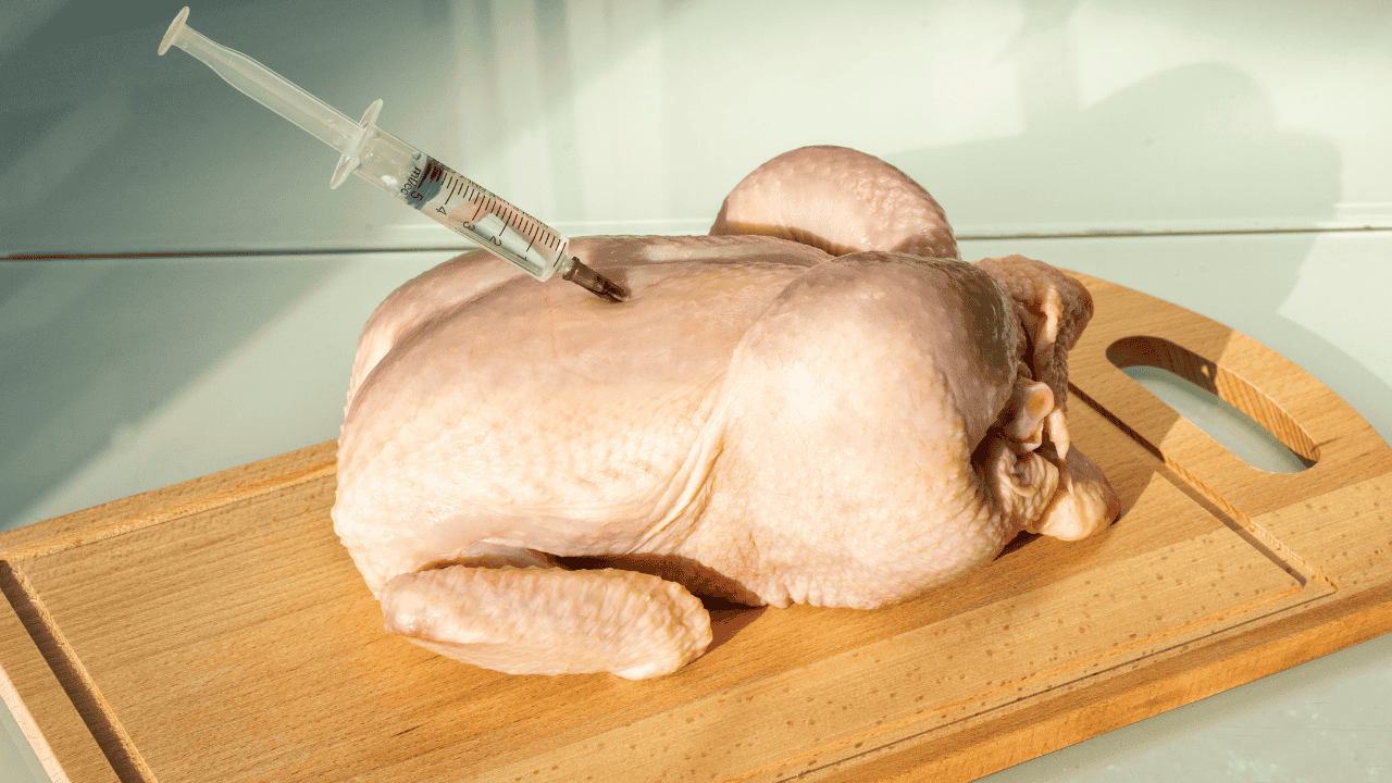Rohes Hähnchen auf Holzbrett mit Spritze im Fleisch, Symbolbild für Antibiotika in Geflügel