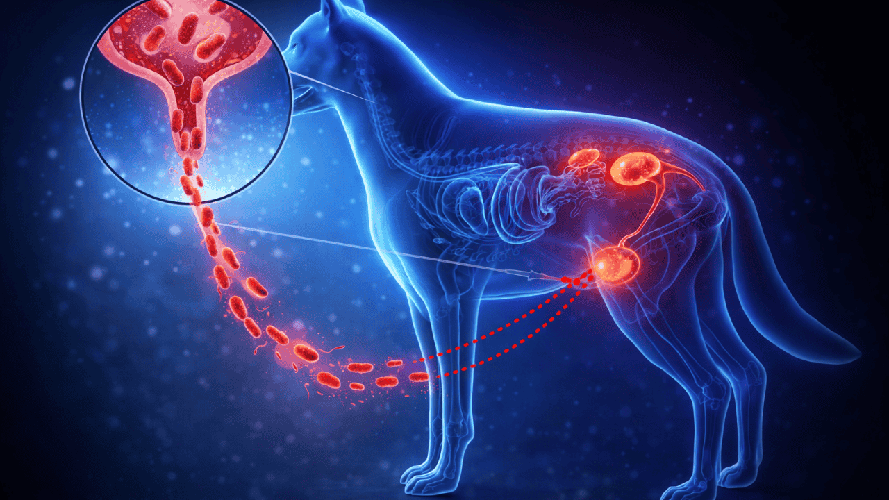 Grafik: Blasenentzündung beim Hund mit Bakterien im Harntrakt