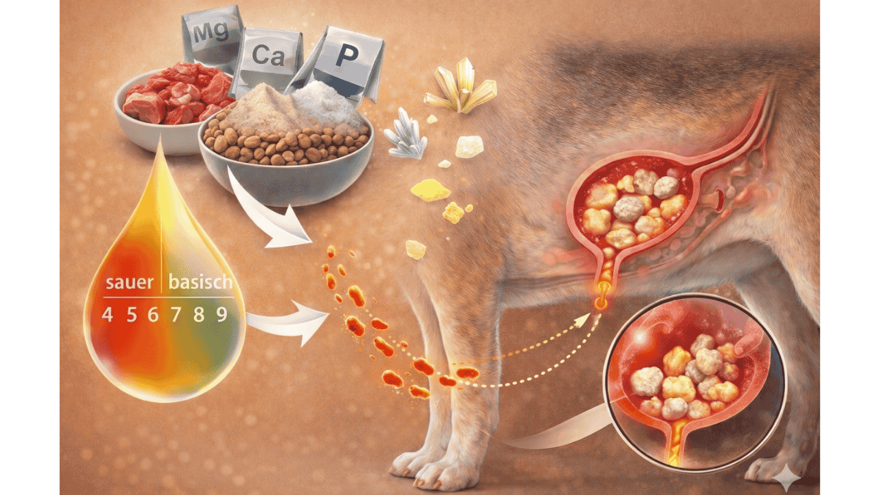 Grafik zu Harnsteinen beim Hund mit Blase, Mineralien und pH-Wert-Skala