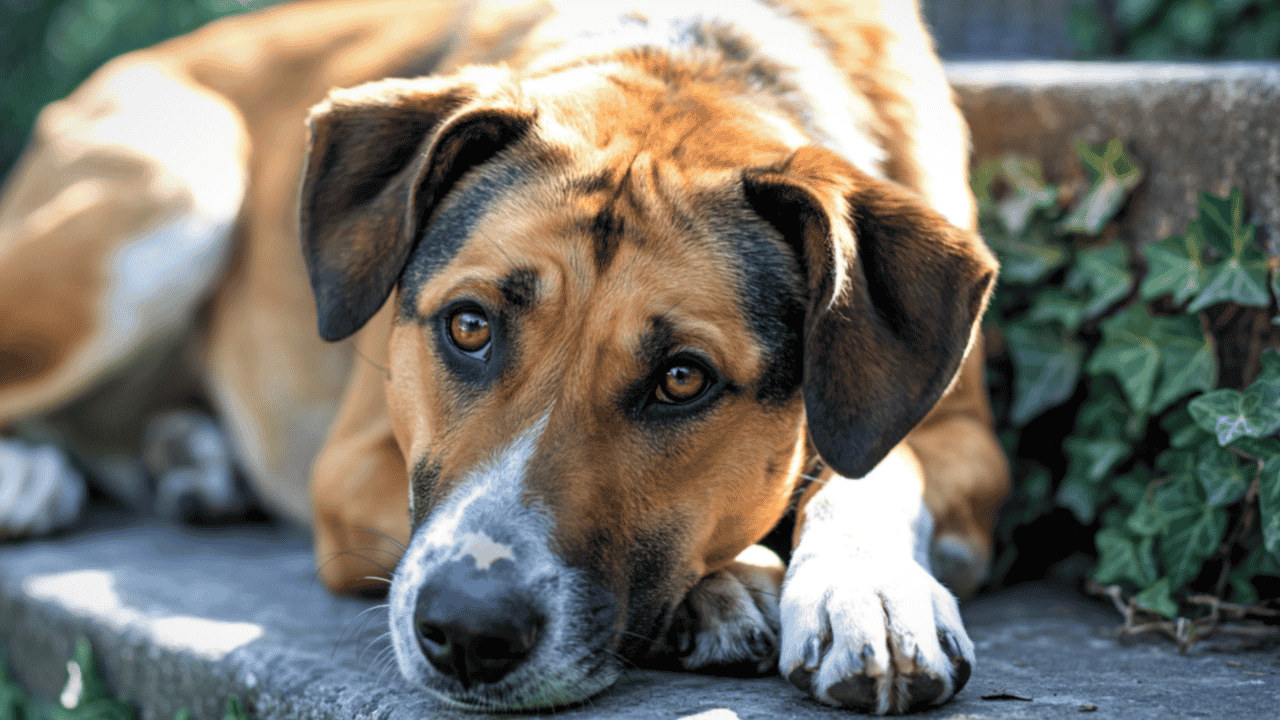 Brauner Hund liegt auf Steinboden und schaut aufmerksam in die Kamera