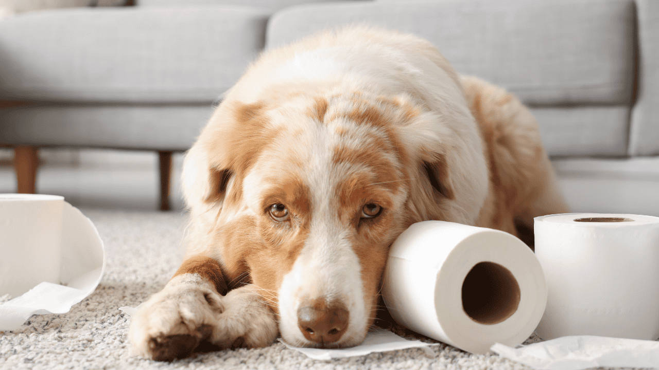 Hund liegt neben Toilettenpapierrollen auf Teppich im Wohnzimmer