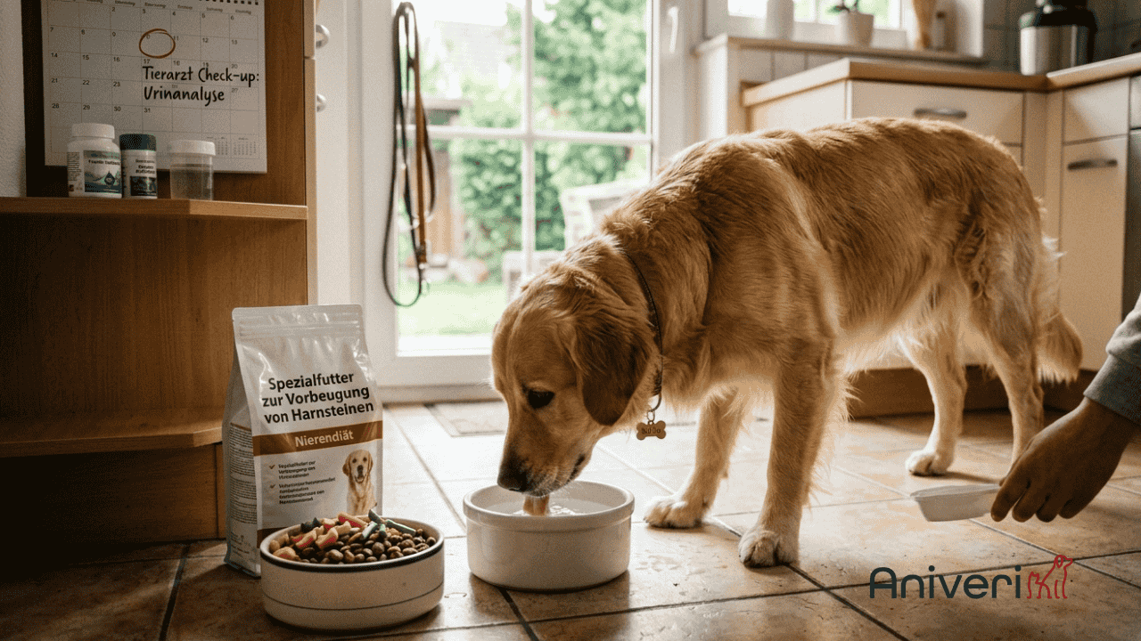 Hund trinkt aus Wassernapf neben Spezialfutter zur Vorbeugung von Harnsteinen.