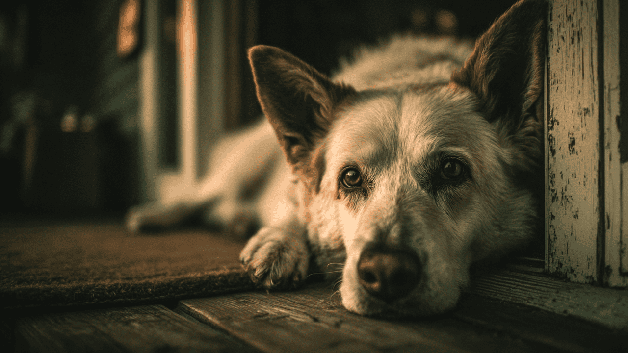 Älterer Hund liegt erschöpft auf Holzboden und schaut traurig in die Kamera.