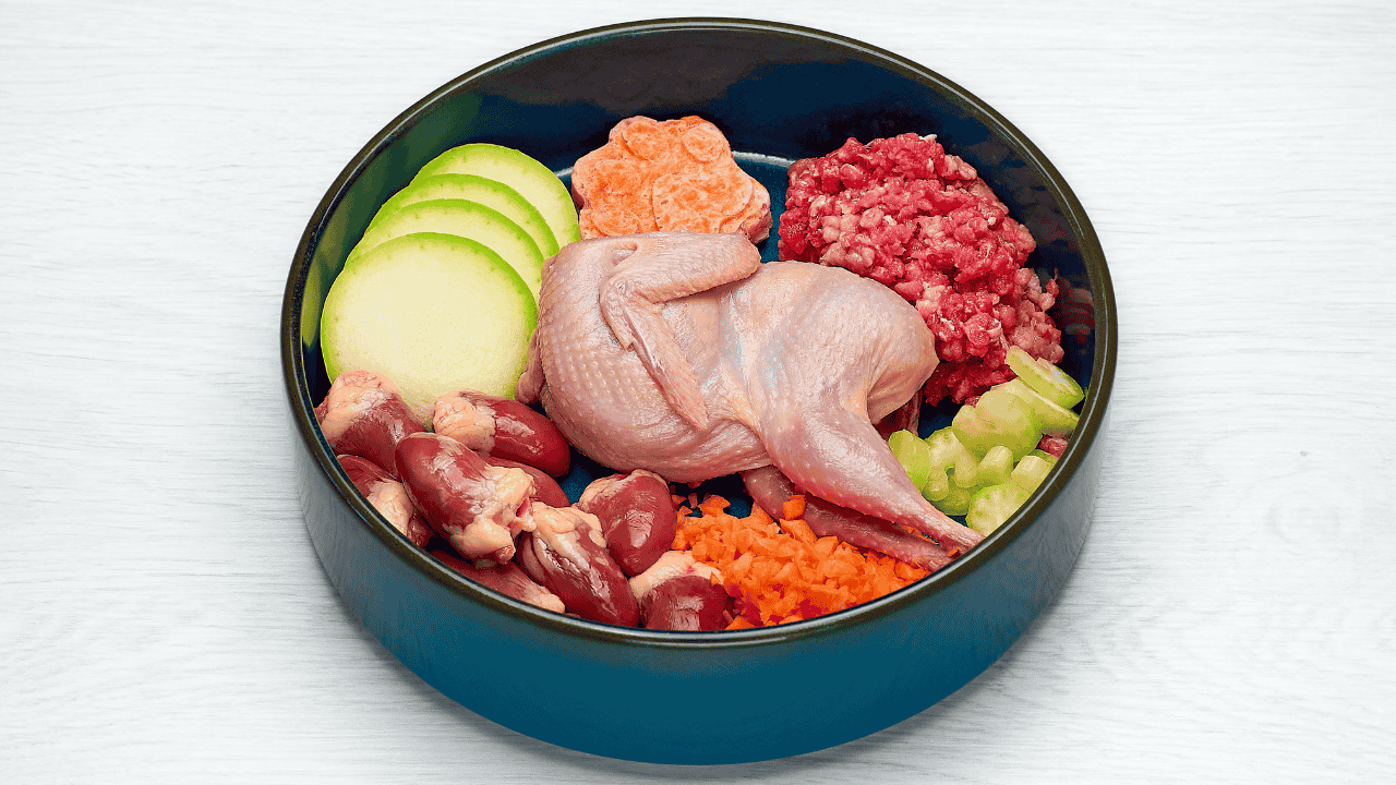 Napf mit rohen Zutaten für Hundefutter: Huhn, Rinderhack, Herz, Gemüse und Zucchini.