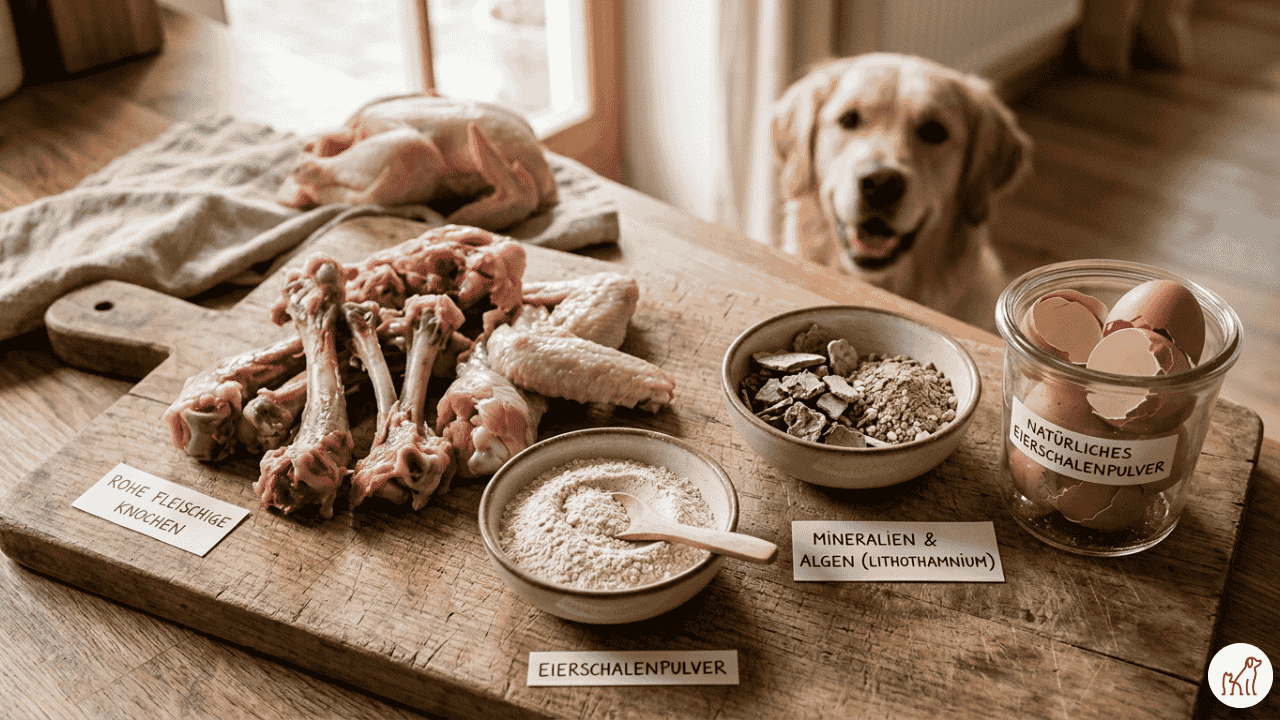 BARF-Zutaten für Hunde: rohe Knochen, Eierschalenpulver und Mineralien auf einem Tisch, Hund im Hintergrund.
