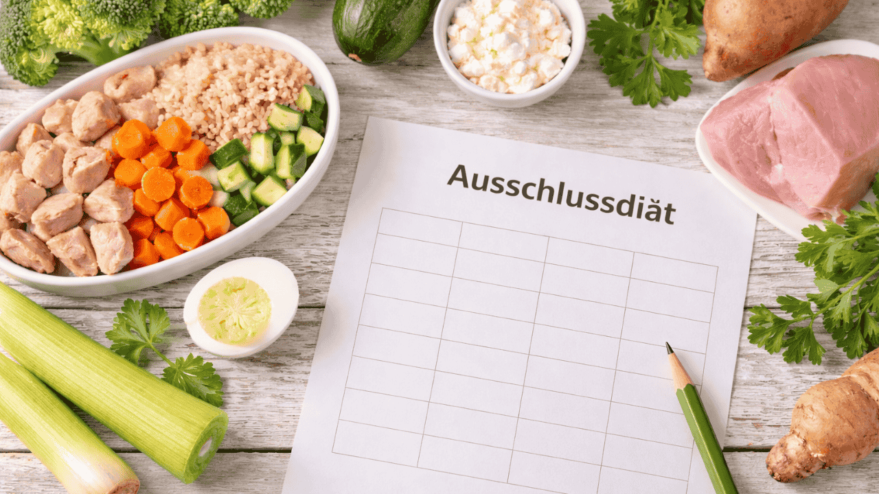 Lebensmittel und Plan für Ausschlussdiät mit Fleisch, Gemüse und Notizblatt.