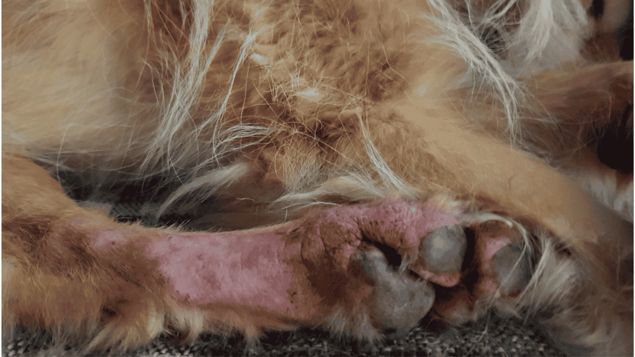 Gerötete und haarlose Hautstelle an Hundepfote